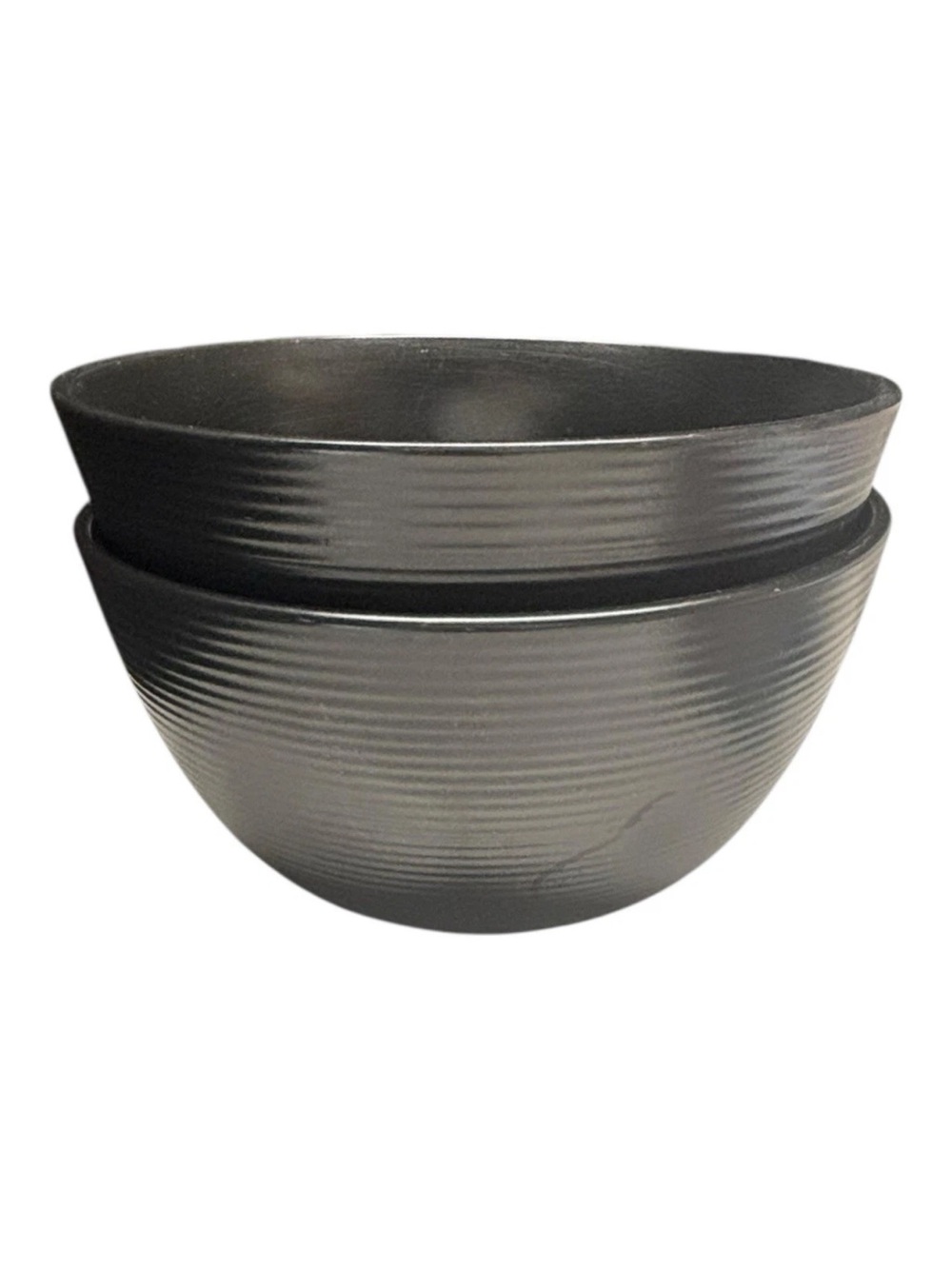 (2) Stoneware Black Large Cereal Bowls 6.75x3.5” Ribbed Stacking Oven Safe